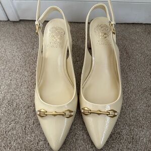 Vince Camuto Patent Cream Heels with Gold Accent